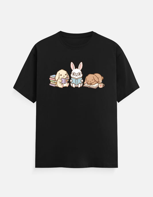 The Bookworm Bunny Hop - Unisex in Black – flat lay