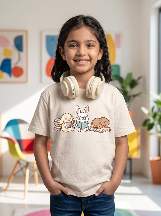 The Bookworm Bunny Hop - Kids on models. Shown in Off White