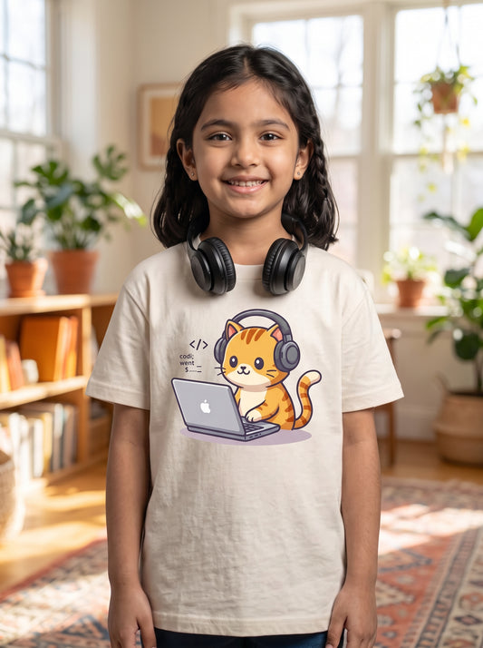 The Kitty Software Engineer - Kids on models. Shown in Off White