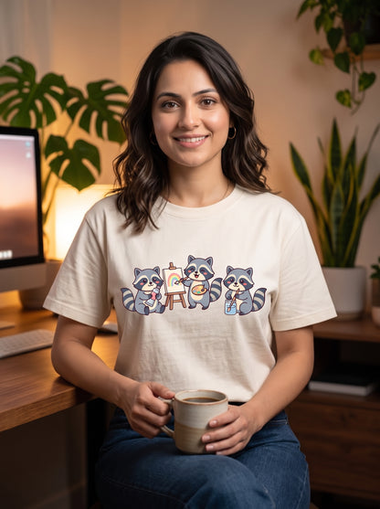 The Artist Raccoon Crew - Unisex on models. Shown in Off White