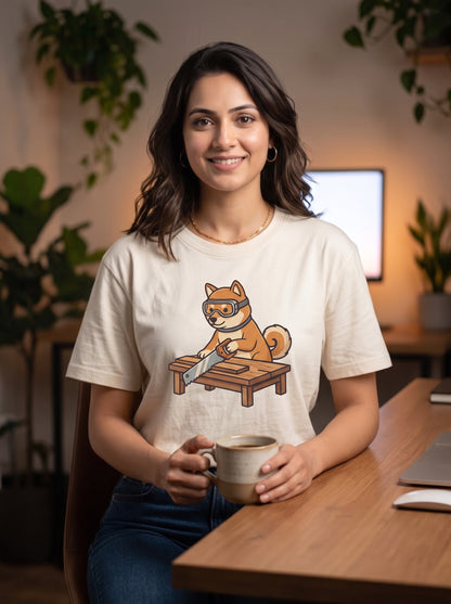 The Crafty Shiba Carpenter - Unisex on models. Shown in Off White
