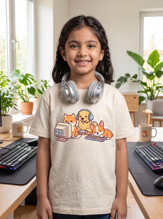 The Gamer Dog Trio - Kids on models. Shown in Off White