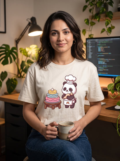 The Panda Bakery - Unisex on models. Shown in Off White
