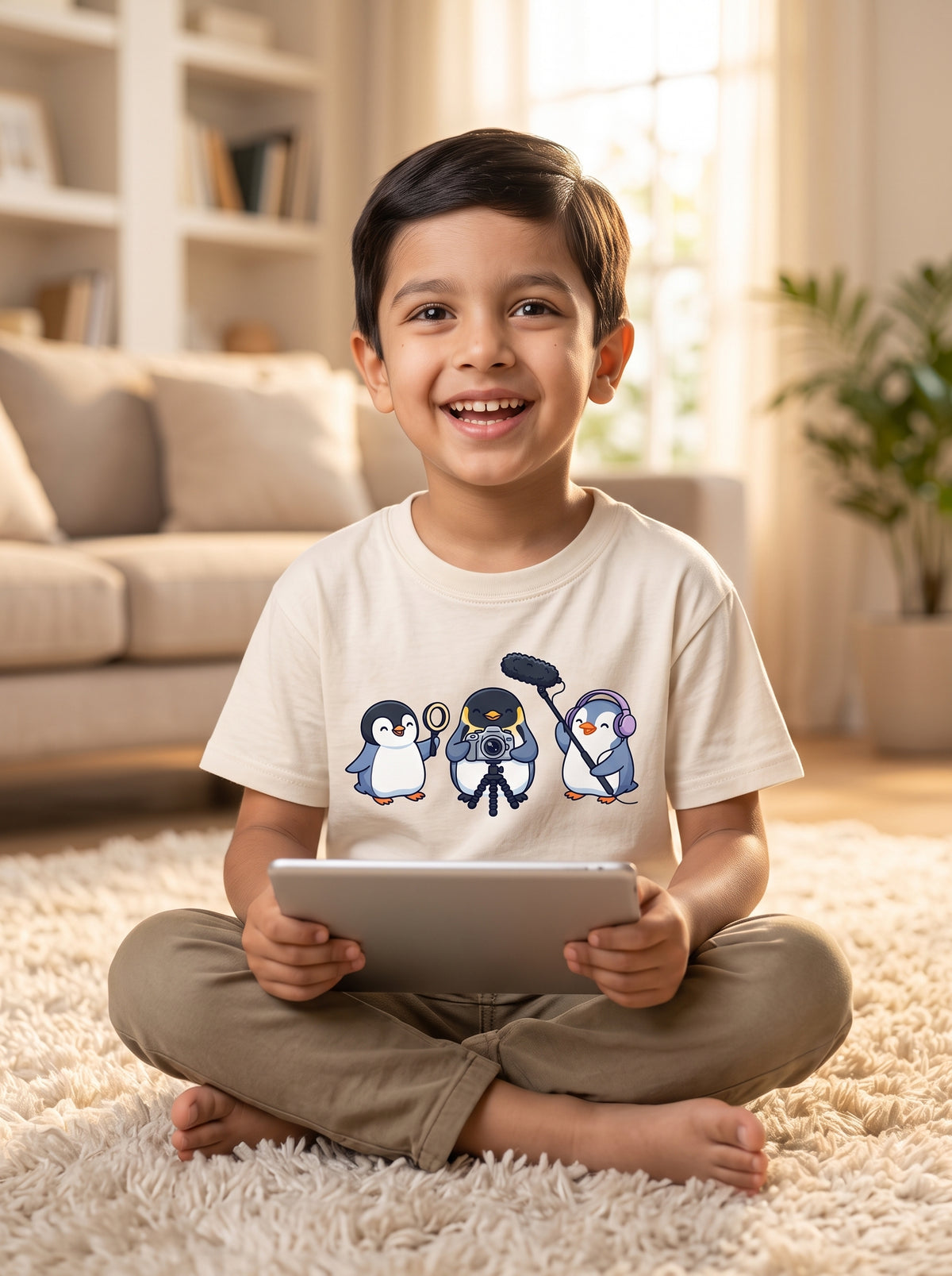 The Vlogger Penguin Crew - Kids on models. Shown in Off White